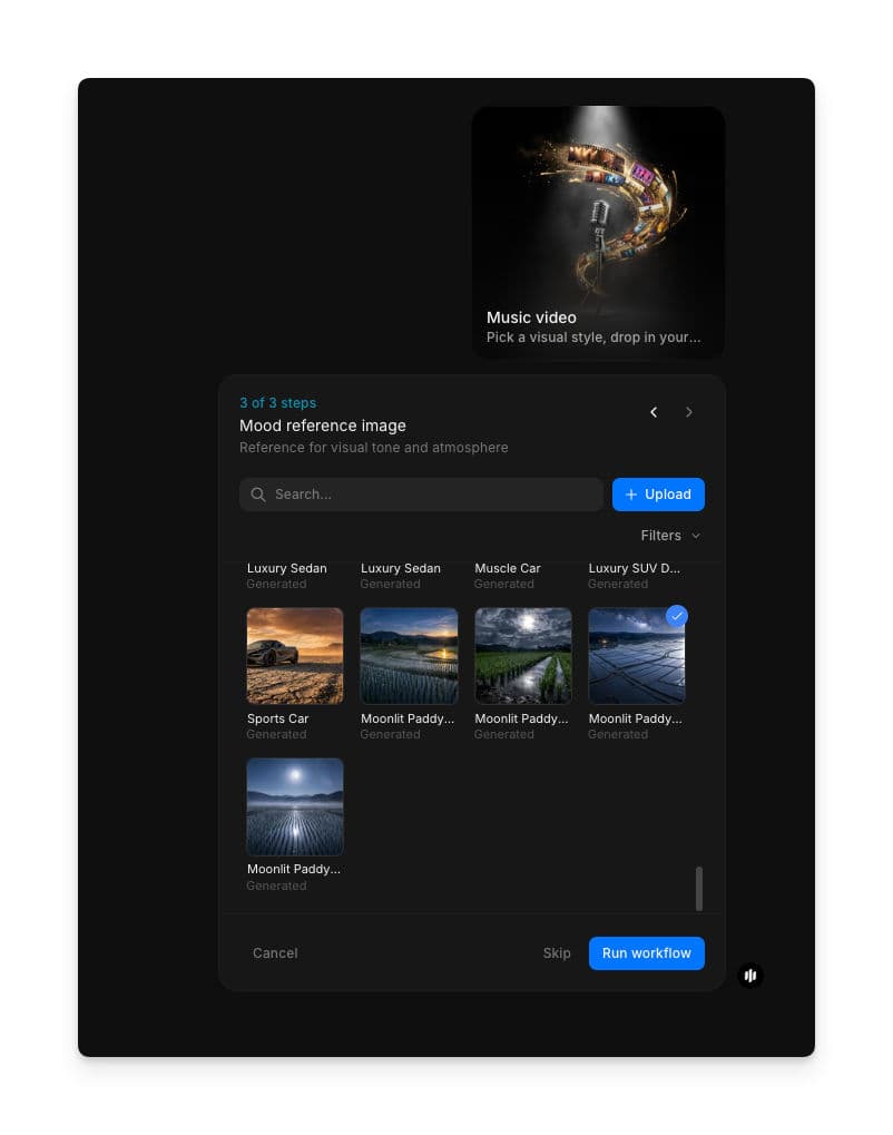Mood reference image step showing a searchable gallery of atmospheric landscape images with Upload and Run workflow buttons