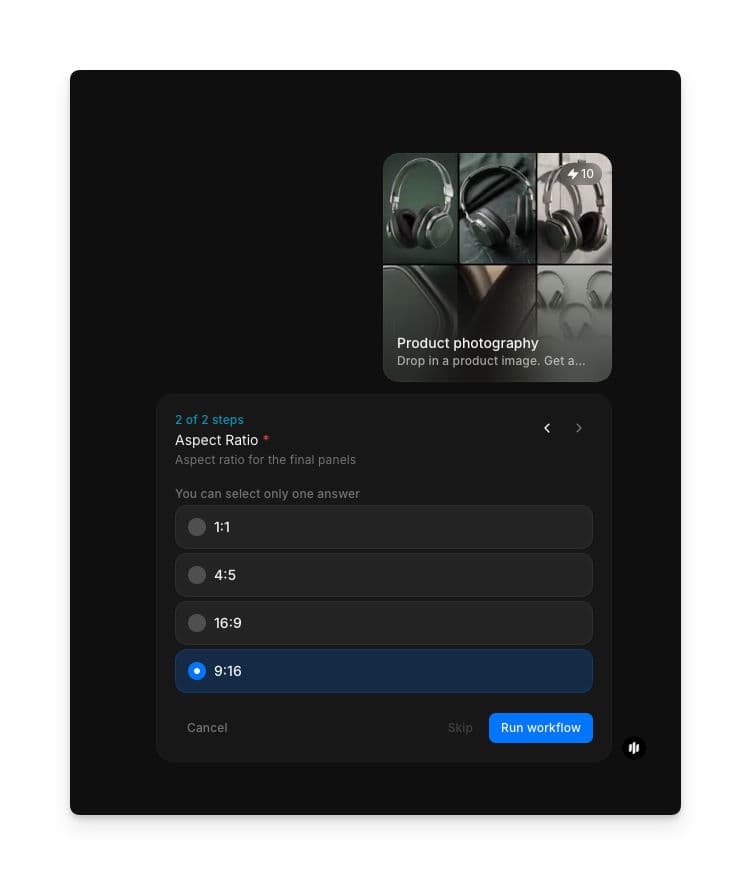 Aspect Ratio selection showing radio buttons for 1:1, 4:5, 16:9, and 9:16 with a Run workflow button
