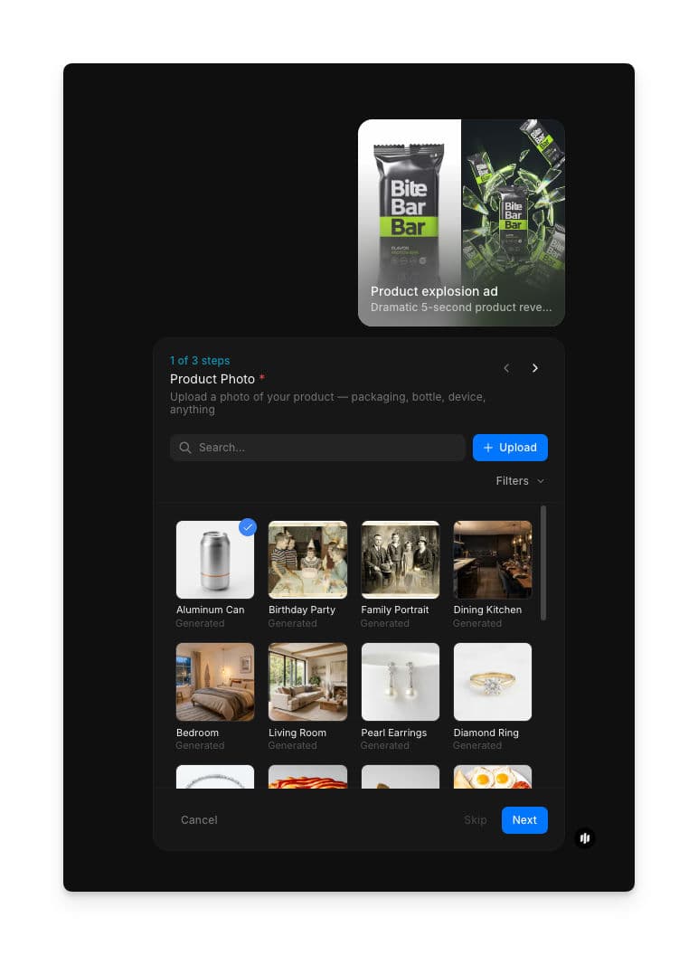 Product explosion ad workflow step 1 showing the Product Photo field with a searchable gallery and an Upload button