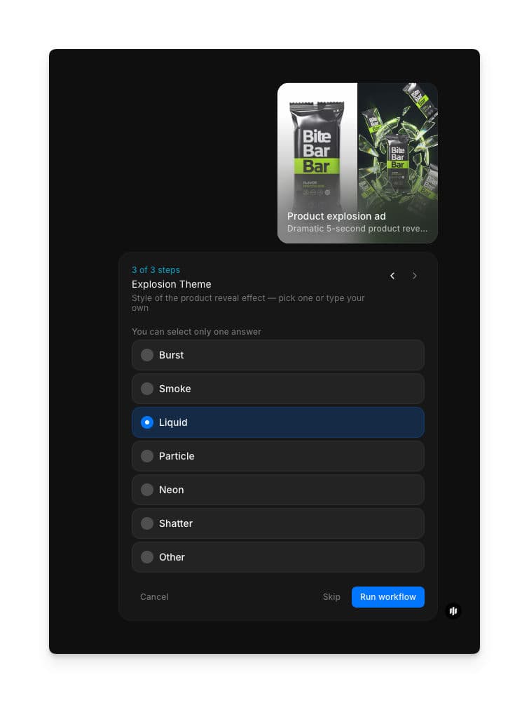 Product explosion ad workflow step 3 showing the Explosion Theme selector with burst, smoke, liquid, particle, neon, shatter, and other options