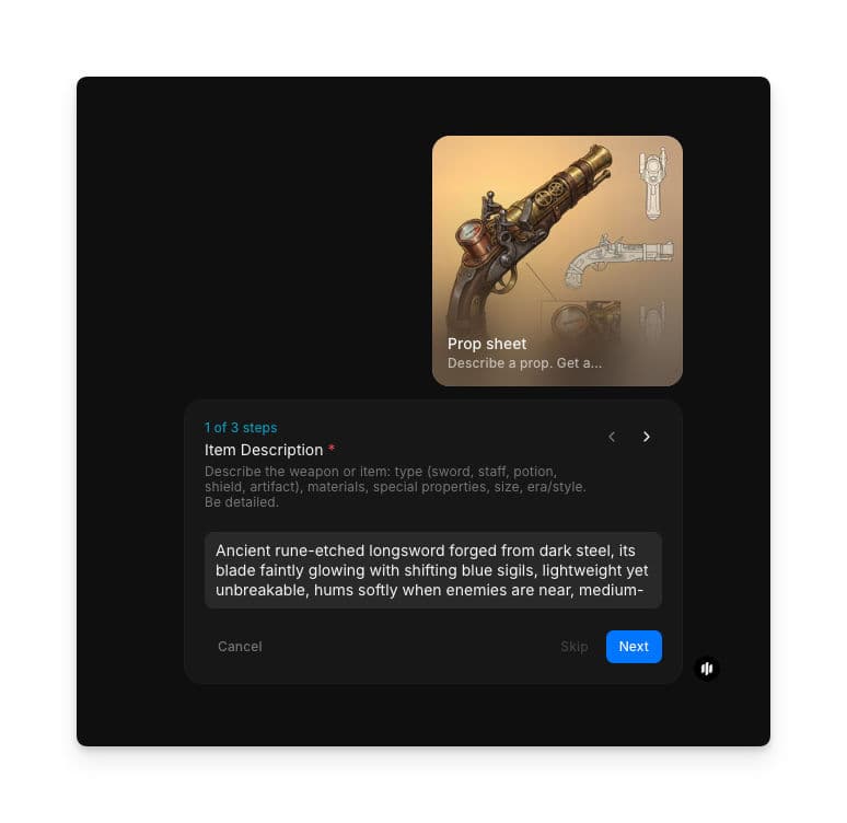 Prop sheet workflow step 1 showing the Item Description text area with a detailed weapon description
