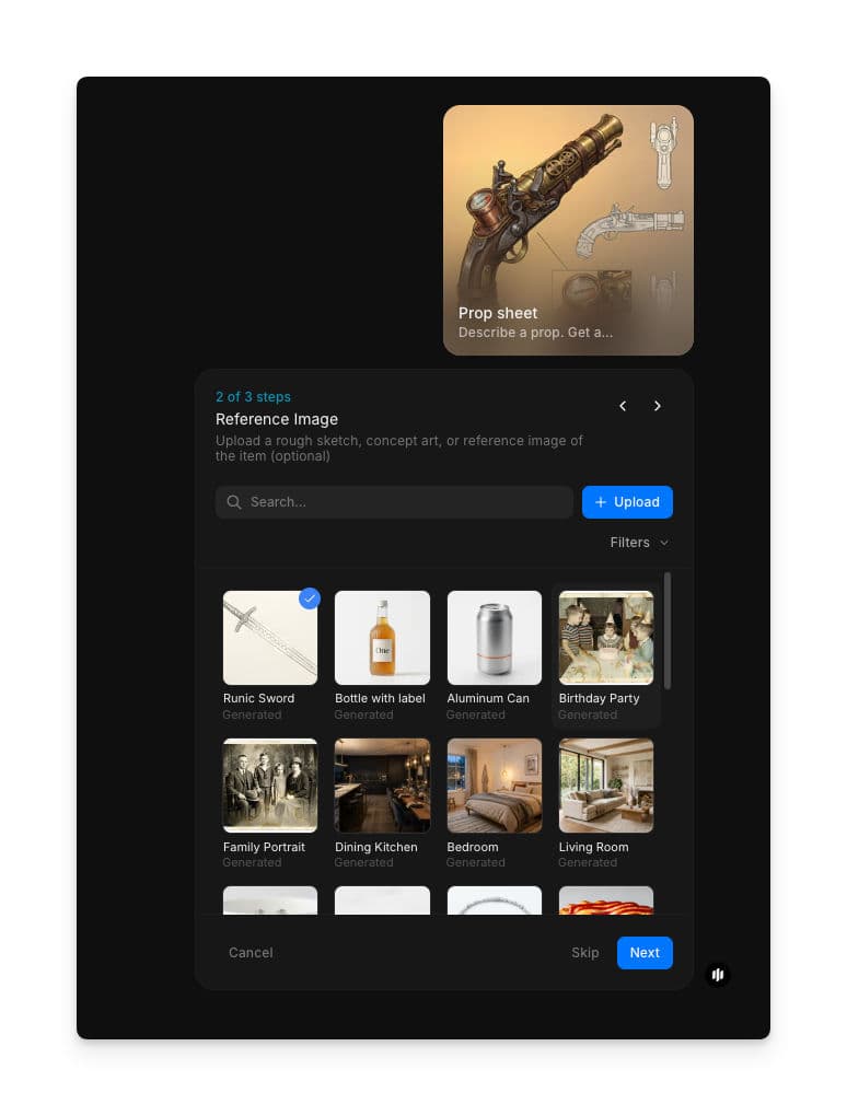 Reference image step showing a searchable gallery with an Upload button