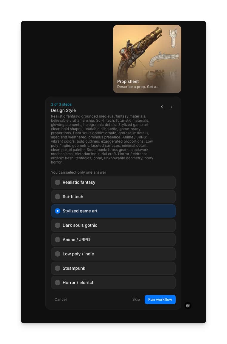 Design Style selection showing radio buttons for Realistic fantasy, Sci-fi, Stylized game art, Dark souls gothic, Anime / JRPG, and Low poly / indie with a Run workflow button
