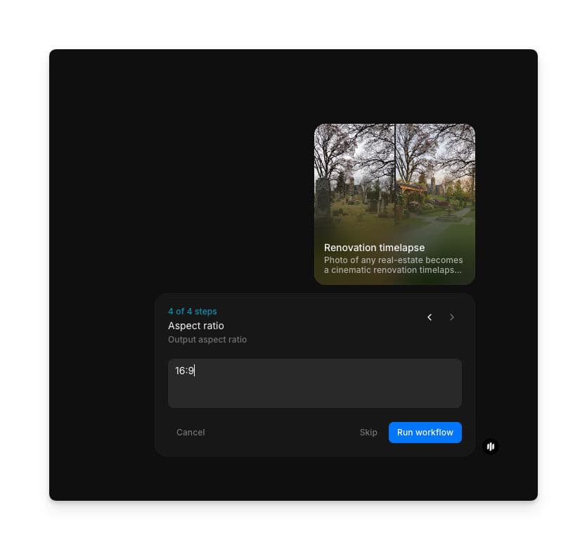 Aspect ratio text field showing 16:9 in Morphic's renovation timelapse workflow