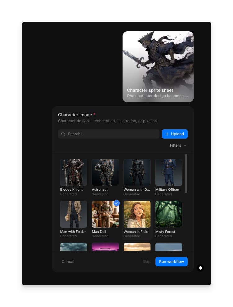 Character sprite sheet workflow showing the Character image field with a searchable gallery, Upload and Run workflow buttons
