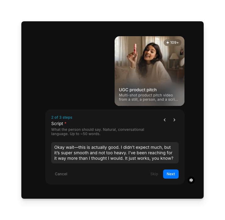 Script field with subtitle showing natural conversational language up to 50 words in Morphic UGC product pitch workflow