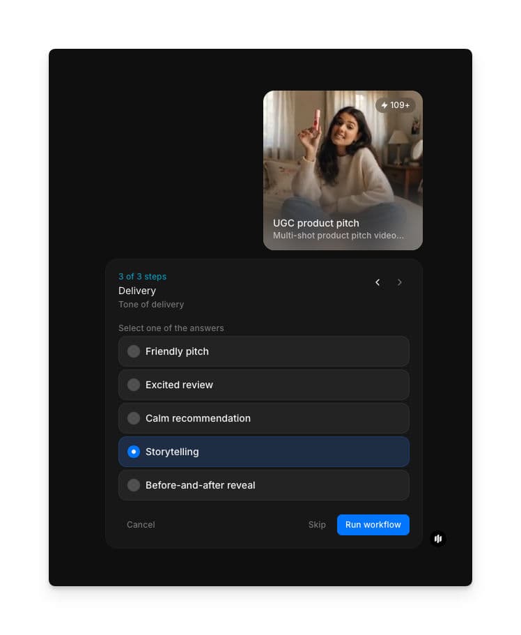 Delivery selection showing radio buttons for friendly pitch, excited review, calm recommendation, storytelling, and before-and-after reveal