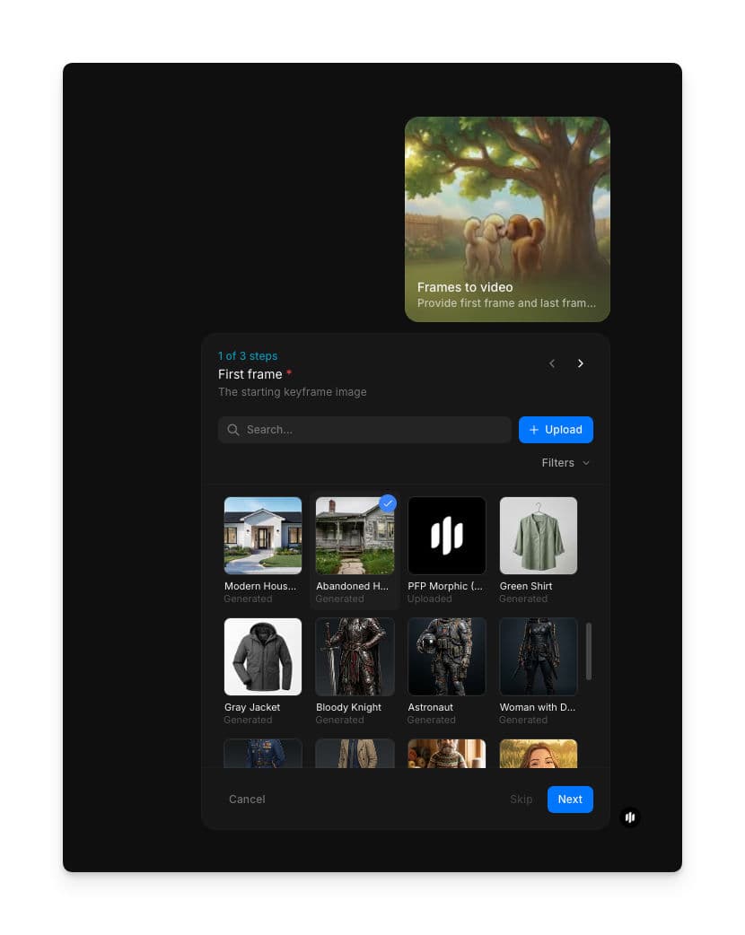 Frames to video workflow step 1 showing the First frame field with a searchable gallery and an Upload button