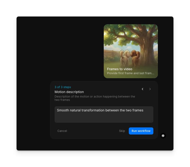 Motion description step showing a text field and Run workflow button