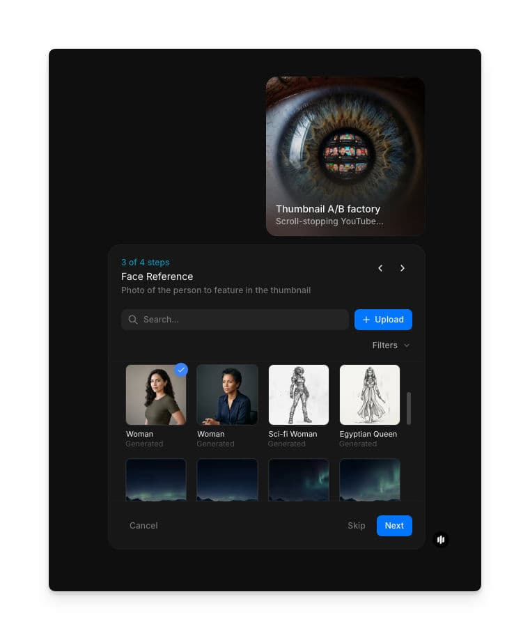 Face Reference step showing a searchable gallery and Upload button