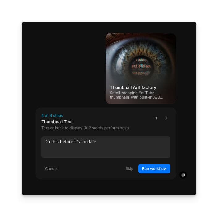Thumbnail Text step showing a text field and Run workflow button
