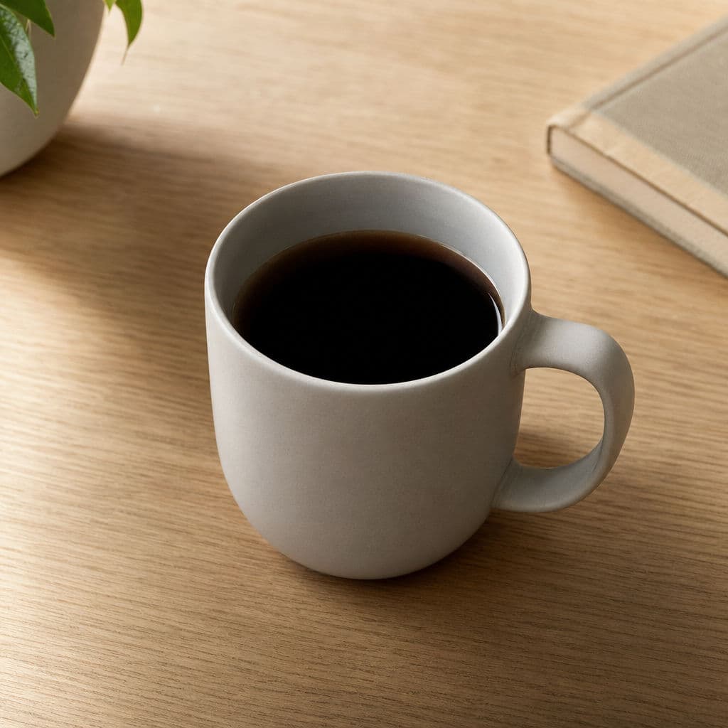ChatGPT Images 2.0 e-commerce product photography output: matte ceramic coffee mug on an oak desk with soft morning light