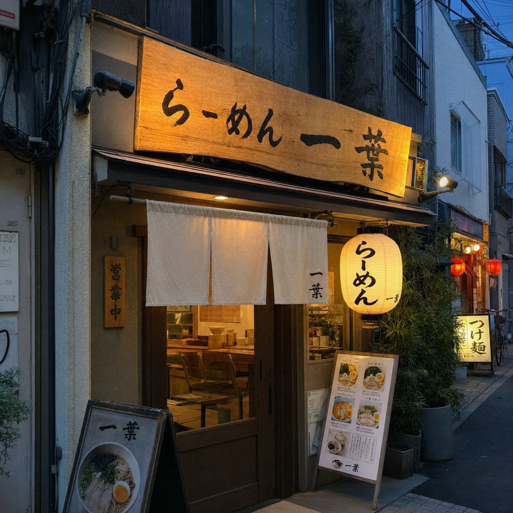 ChatGPT Images 2.0 multilingual signage output: Tokyo ramen shop storefront at dusk with hand-painted Japanese signage