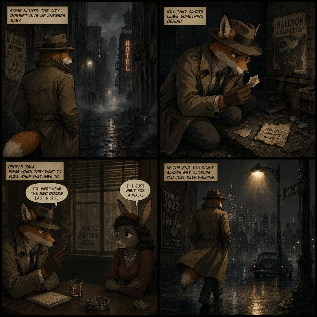ChatGPT Images 2.0 multi-panel comic output: four-panel storyboard of a fox detective in a 1940s noir city
