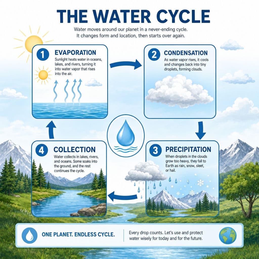 ChatGPT Images 2.0 infographic output: water cycle diagram with four labeled stages and editorial-style icons