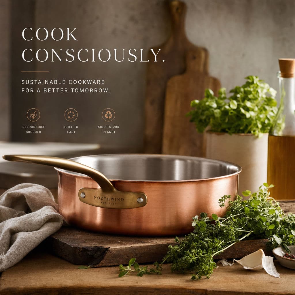 ChatGPT Images 2.0 brand campaign hero output: sustainable cookware brand image with brushed copper pan and fresh herbs