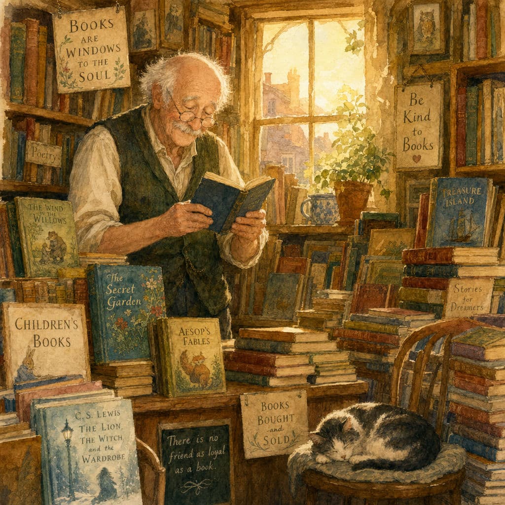 ChatGPT Images 2.0 stylized watercolor illustration output: elderly bookseller in a tiny shop with golden hour light