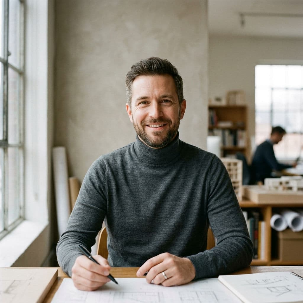 Nano Banana 2 photoreal portrait output: editorial headshot of a 35-year-old architect with natural window light and shallow depth of field