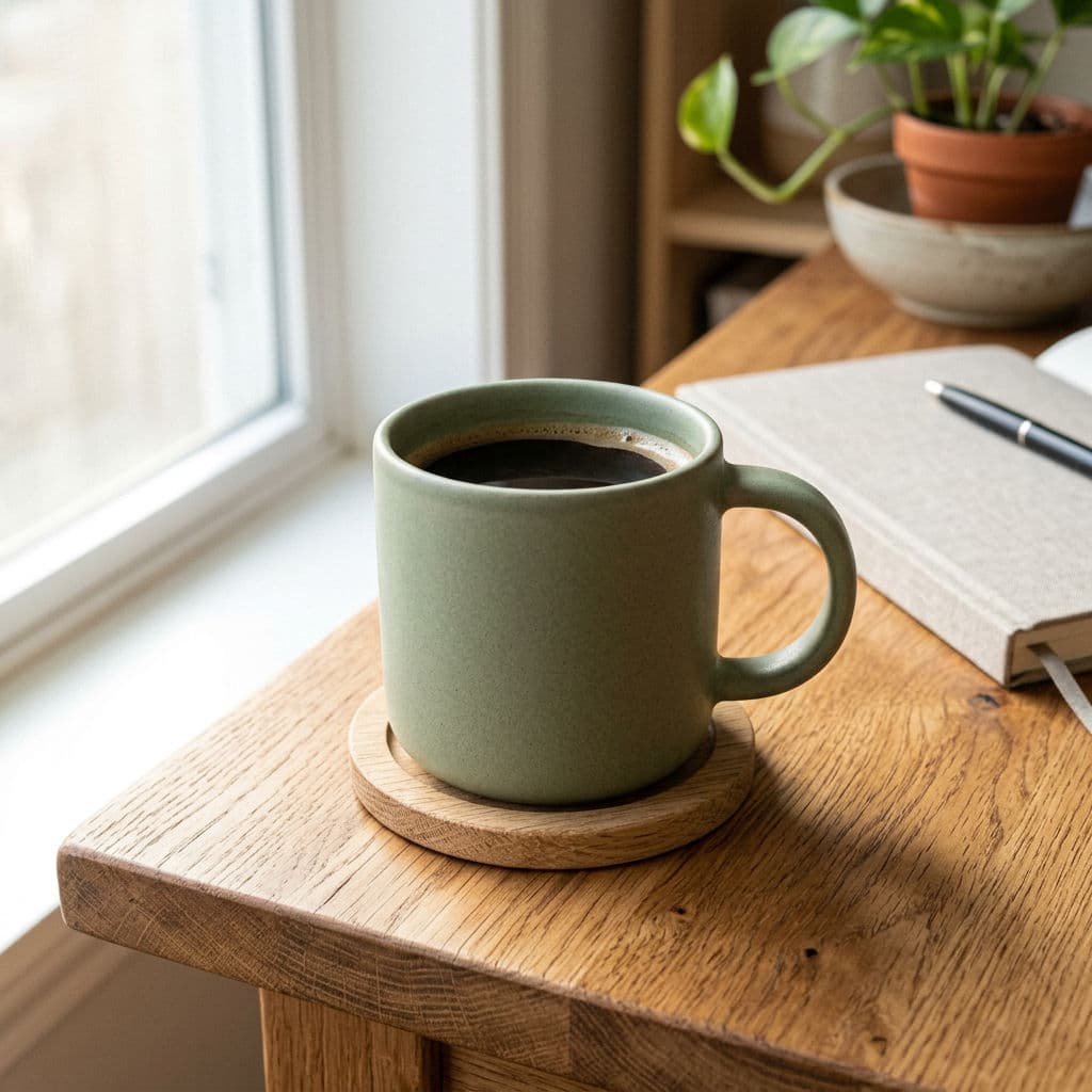 Nano Banana 2 e-commerce product photography output: matte ceramic coffee mug on an oak desk with soft morning light