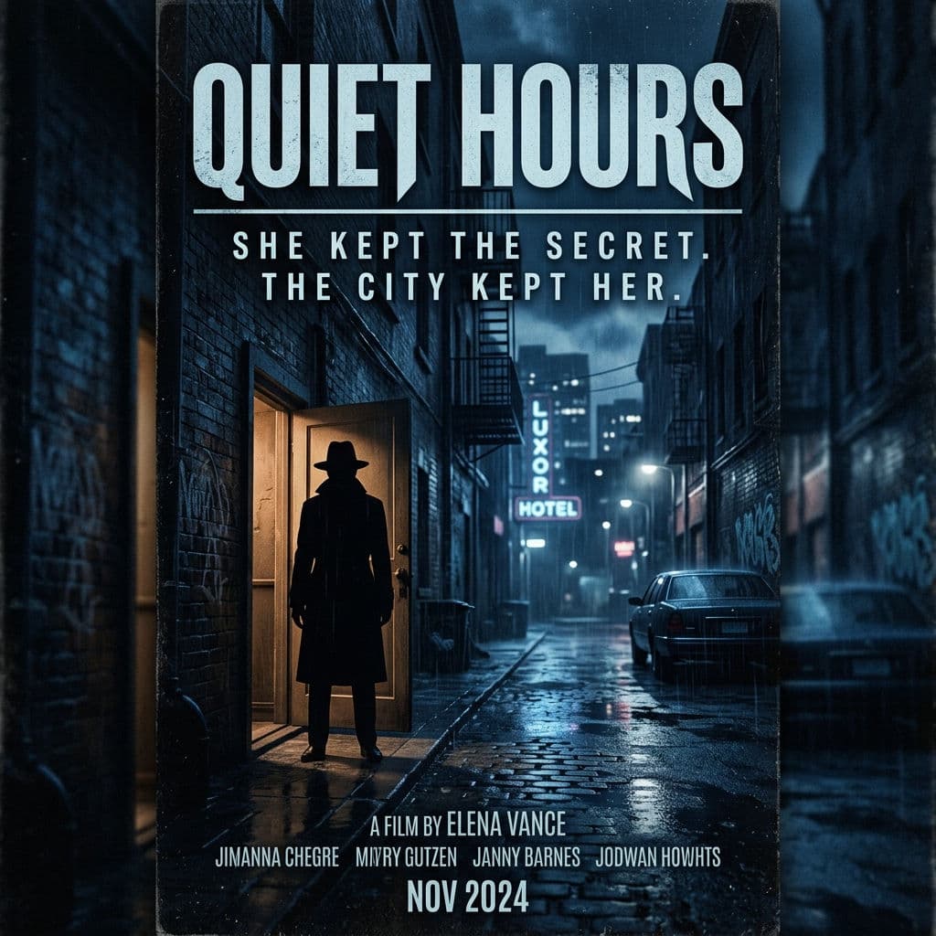 Nano Banana 2 text-heavy movie poster output: neo-noir poster for a film called Quiet Hours with title and tagline typography
