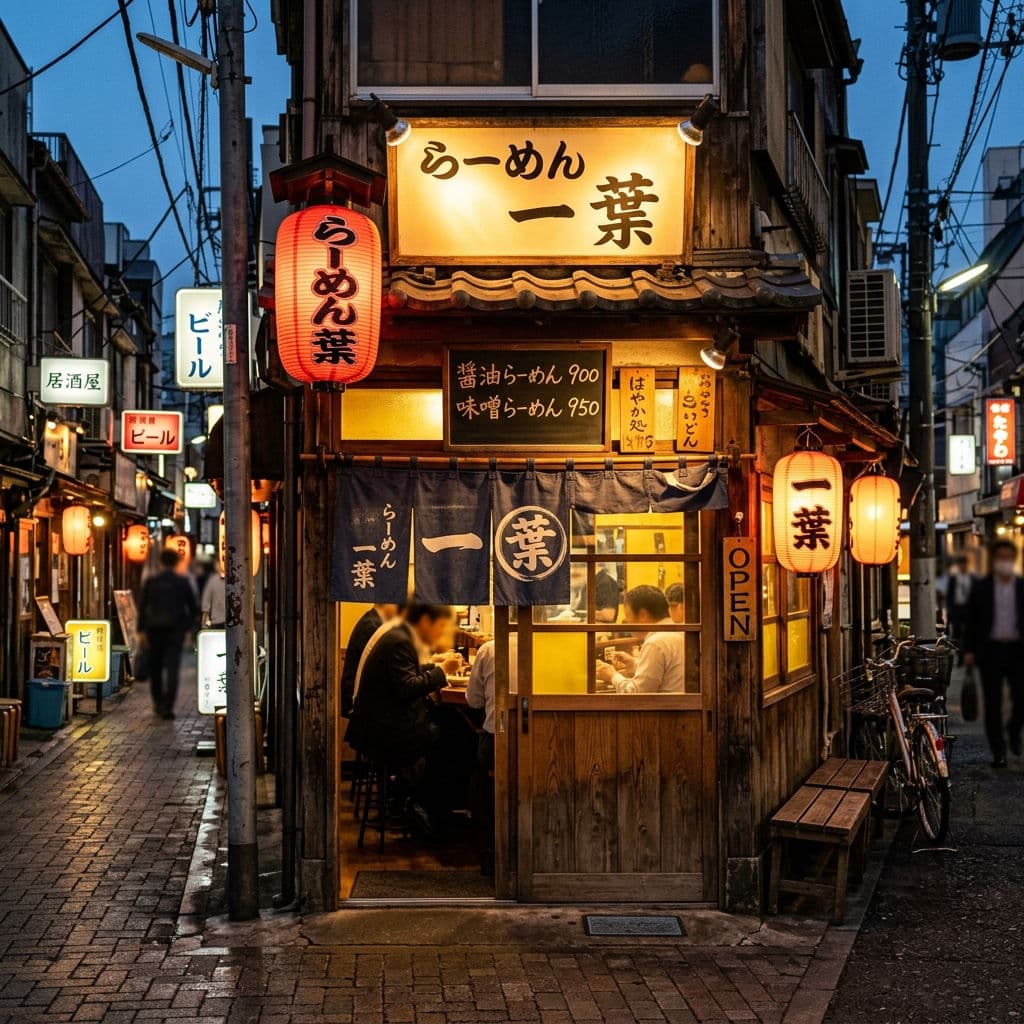 Nano Banana 2 multilingual signage output: Tokyo ramen shop storefront at dusk with hand-painted Japanese signage