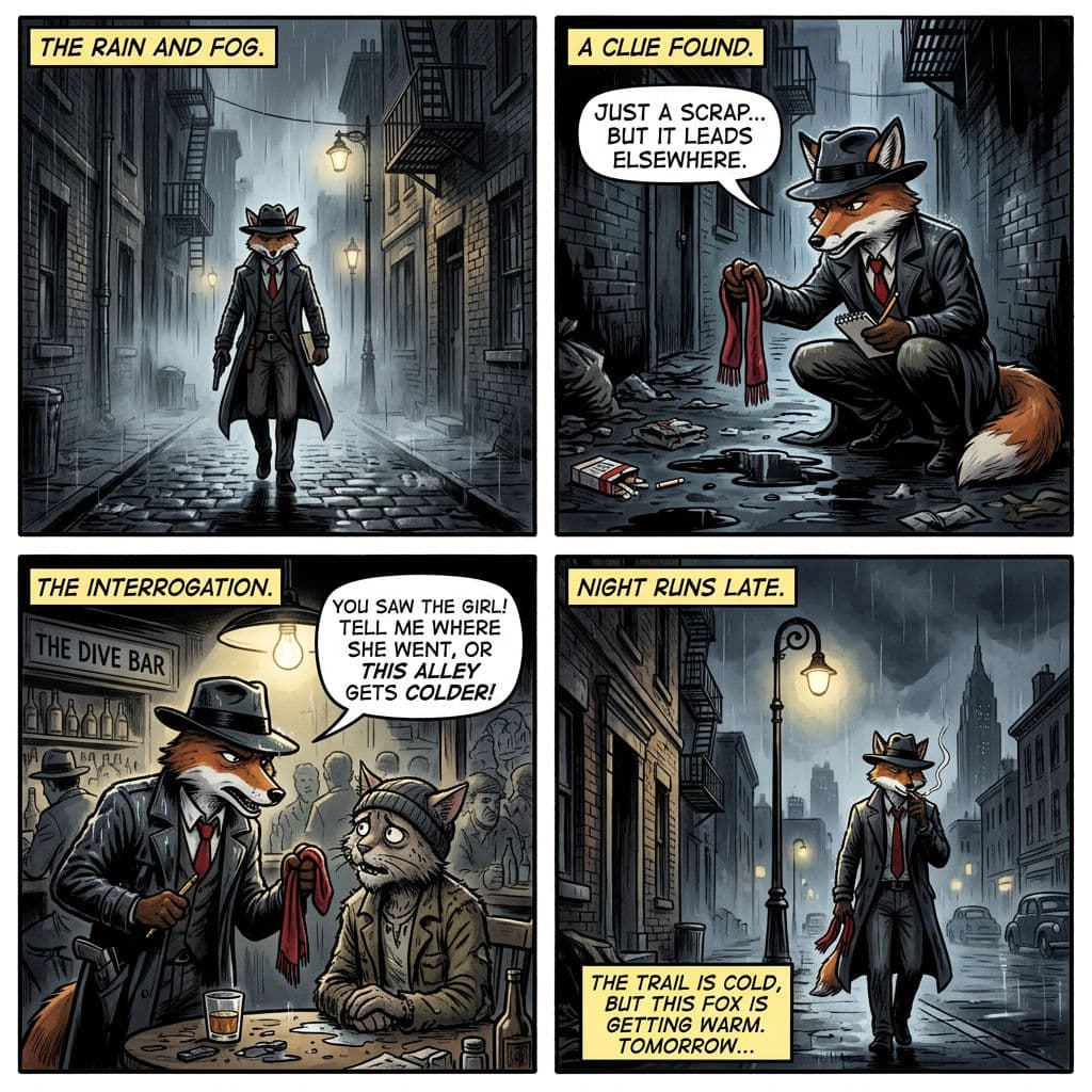 Nano Banana 2 multi-panel comic output: four-panel storyboard of a fox detective in a 1940s noir city