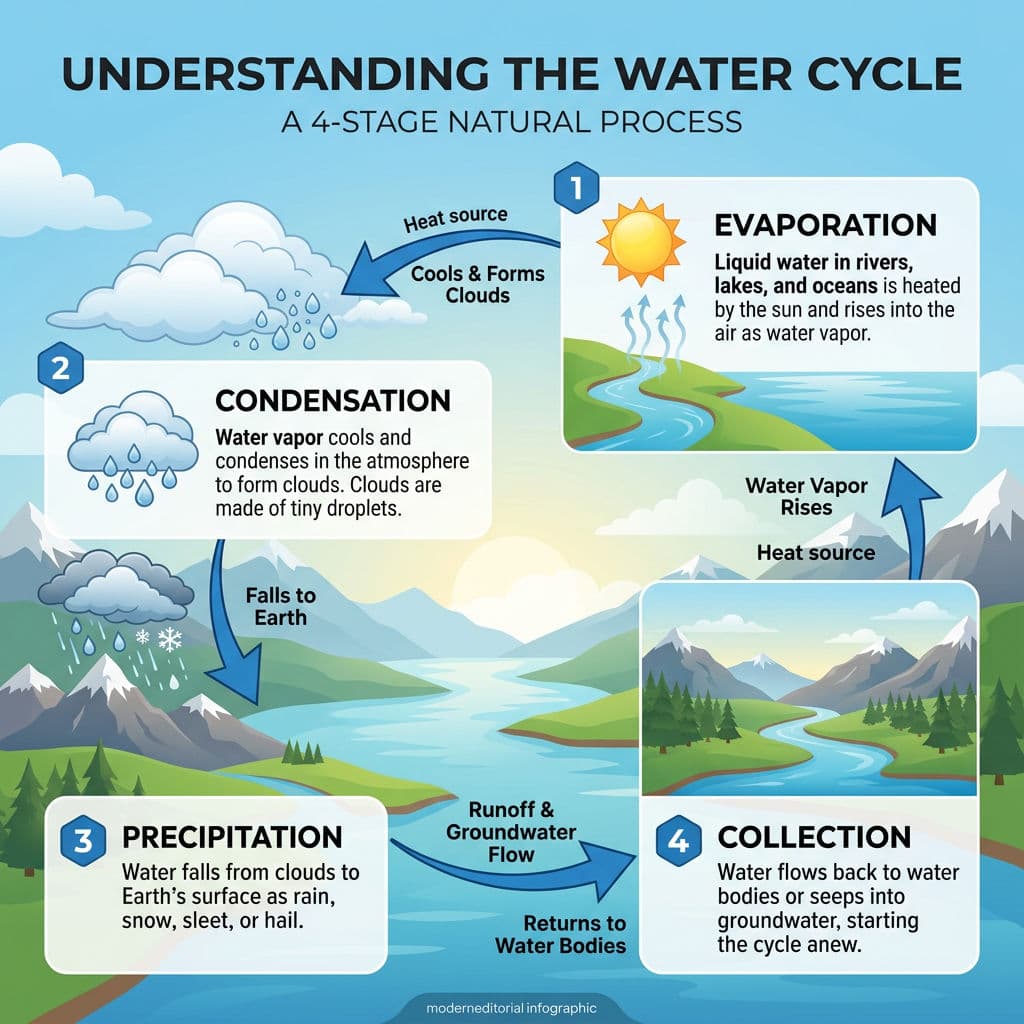 Nano Banana 2 infographic output: water cycle diagram with four labeled stages and editorial-style icons