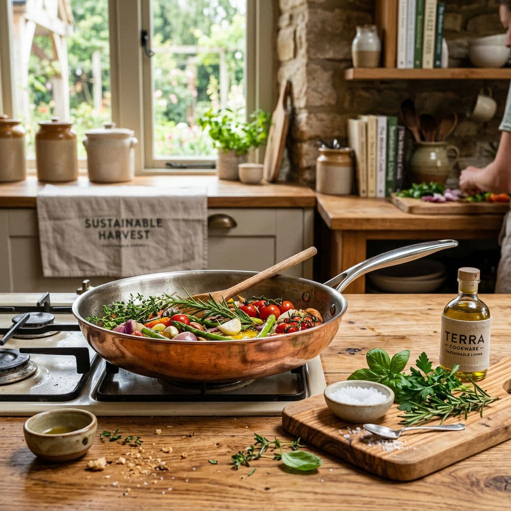 Nano Banana 2 brand campaign hero output: sustainable cookware brand image with brushed copper pan and fresh herbs