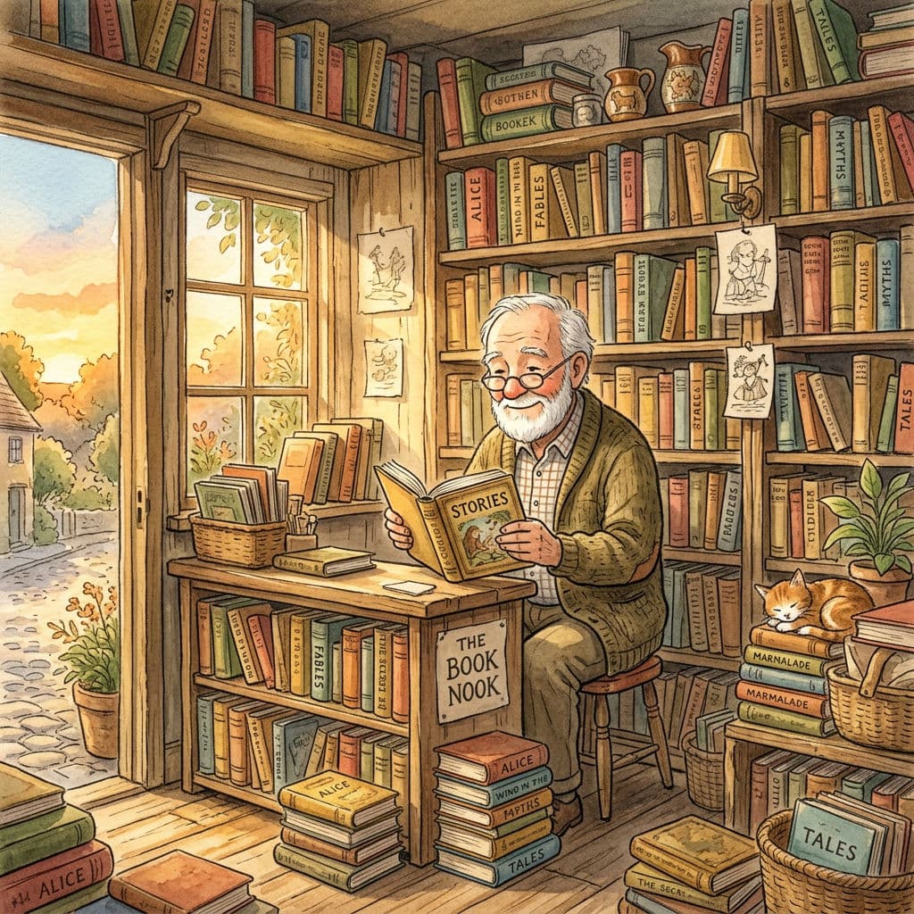 Nano Banana 2 stylized watercolor illustration output: elderly bookseller in a tiny shop with golden hour light