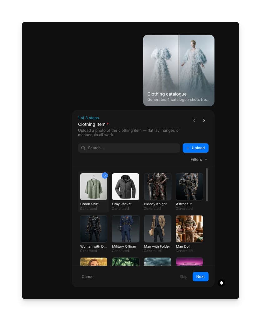 Clothing catalogue workflow step 1 showing the Clothing item field with a searchable gallery and an Upload button