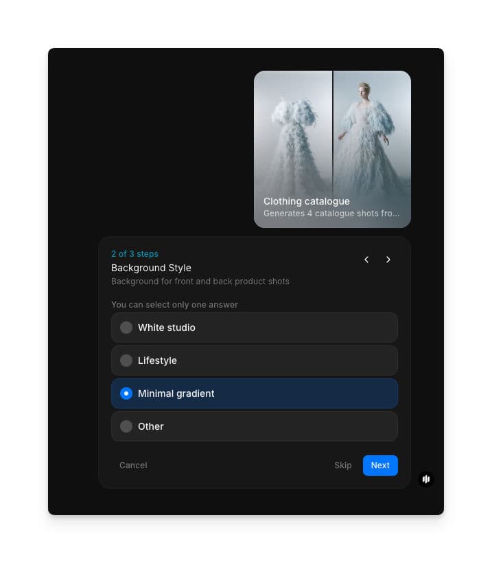 Background Style selection showing radio buttons for White studio, Lifestyle, Minimal gradient, and Other