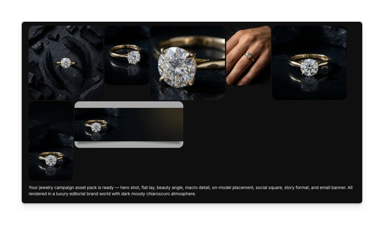 Generated jewelry campaign asset pack showing a ring in multiple compositions: hero shot, flat lay, beauty angle, macro detail, on-model placement, social square, story format, and email banner