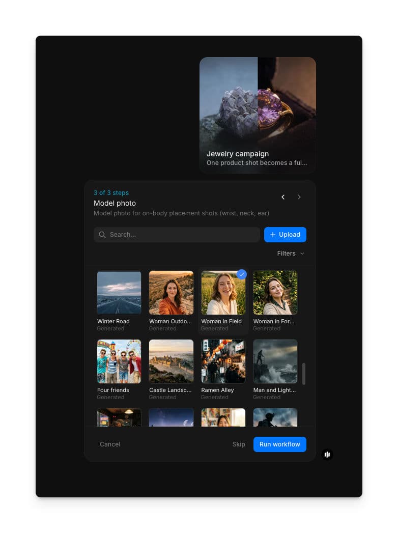 Model photo selection step showing a searchable gallery of model images with a Run workflow button