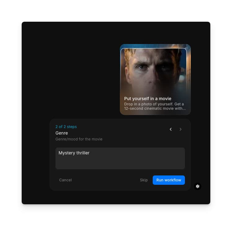 Genre step showing a text field with 'Mystery thriller' entered and a Run workflow button
