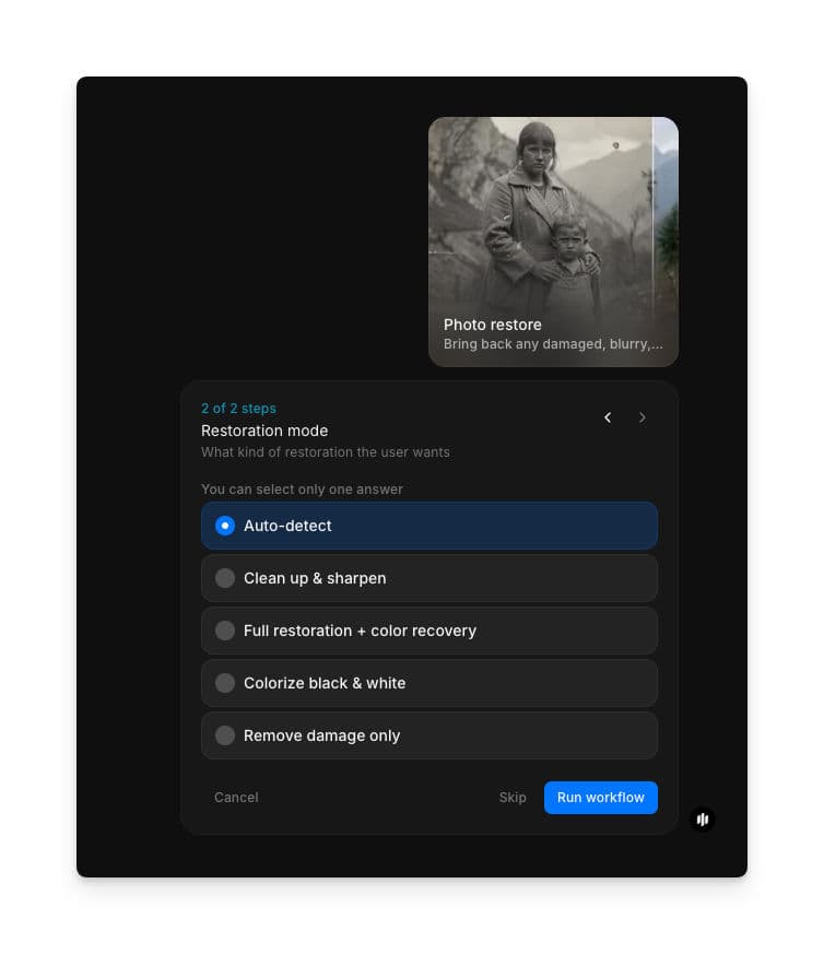 Restoration mode selection showing radio buttons for Auto-detect, Clean up & sharpen, Full restoration + color recovery, Colorize black & white, and Remove damage only with a Run workflow button