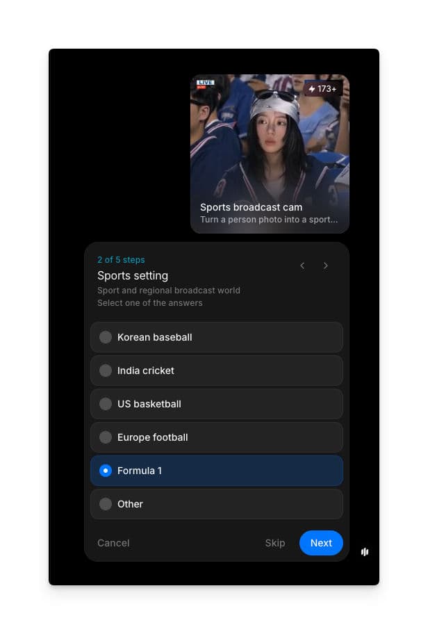 Sports setting step with radio options for Korean baseball, India cricket, US basketball, Europe football, Formula 1, and Other