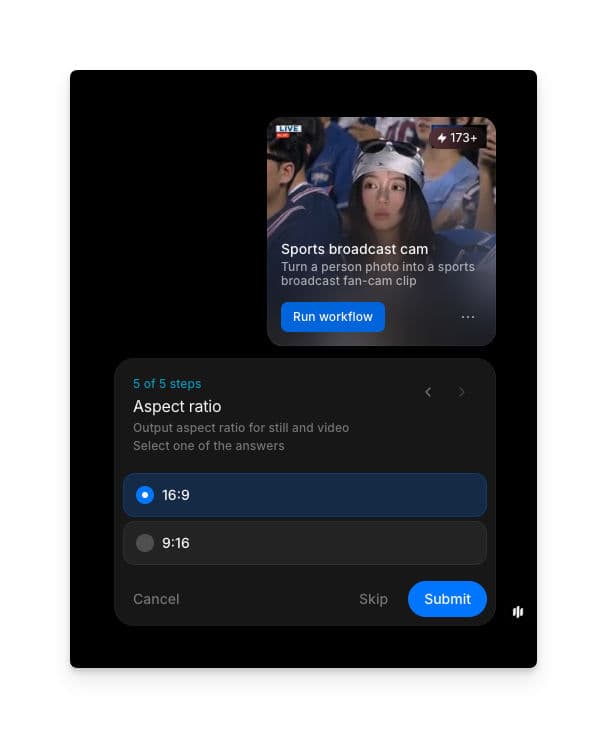 Aspect ratio step with 16:9 and 9:16 options, 16:9 selected