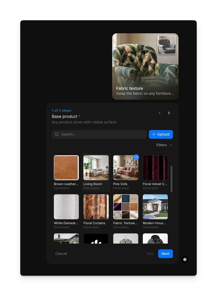 Fabric texture workflow step 1 showing the Base product field with a searchable gallery and an Upload button