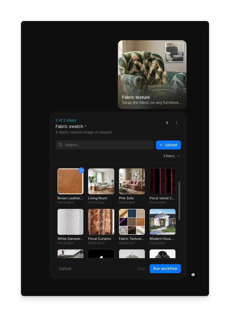 Fabric swatch step showing a searchable gallery of fabric texture images with Upload and Run workflow buttons