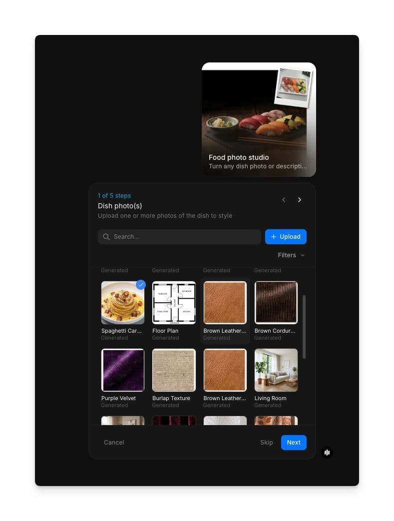Food photo studio workflow step 1 showing the Dish photo(s) field with a searchable gallery and an Upload button