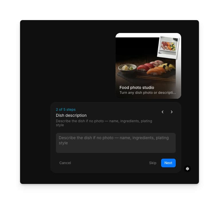 Dish description text field in the Morphic food photo studio workflow