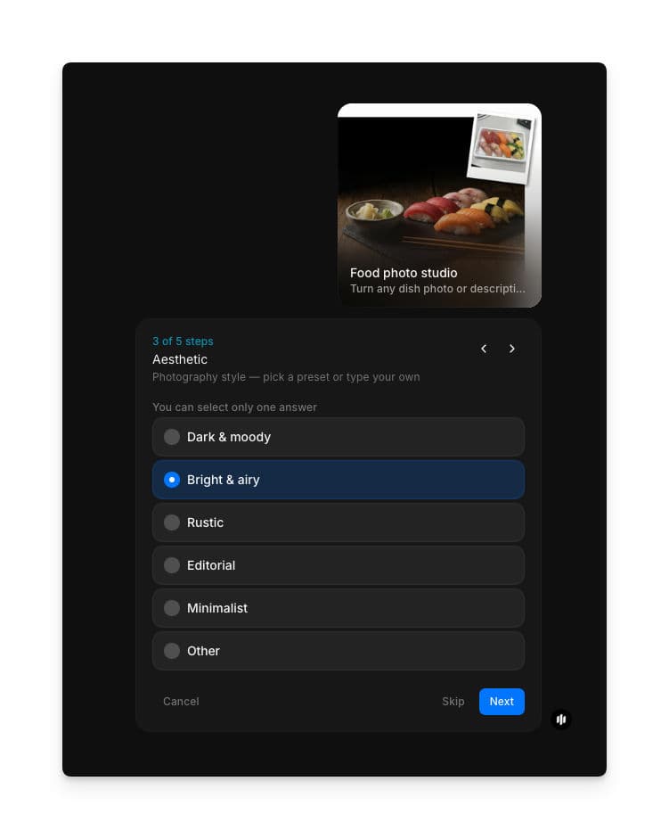Aesthetic selection showing radio buttons for Dark & moody, Bright & airy, Rustic, Editorial, Minimalist, and Other