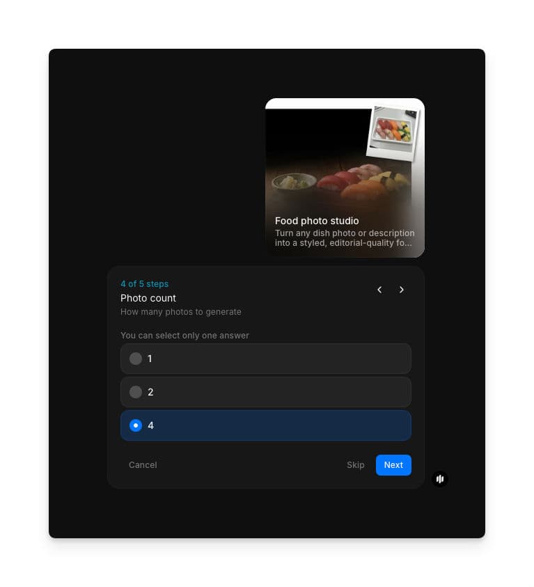 Photo count selection showing radio buttons for 1, 2, and 4