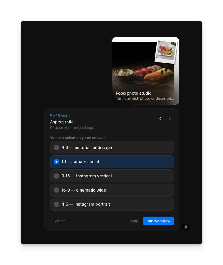 Aspect ratio selection showing radio buttons for 4:3 editorial landscape, 1:1 square social, 9:16 Instagram vertical, 16:9 cinematic wide, and 4:5 Instagram portrait