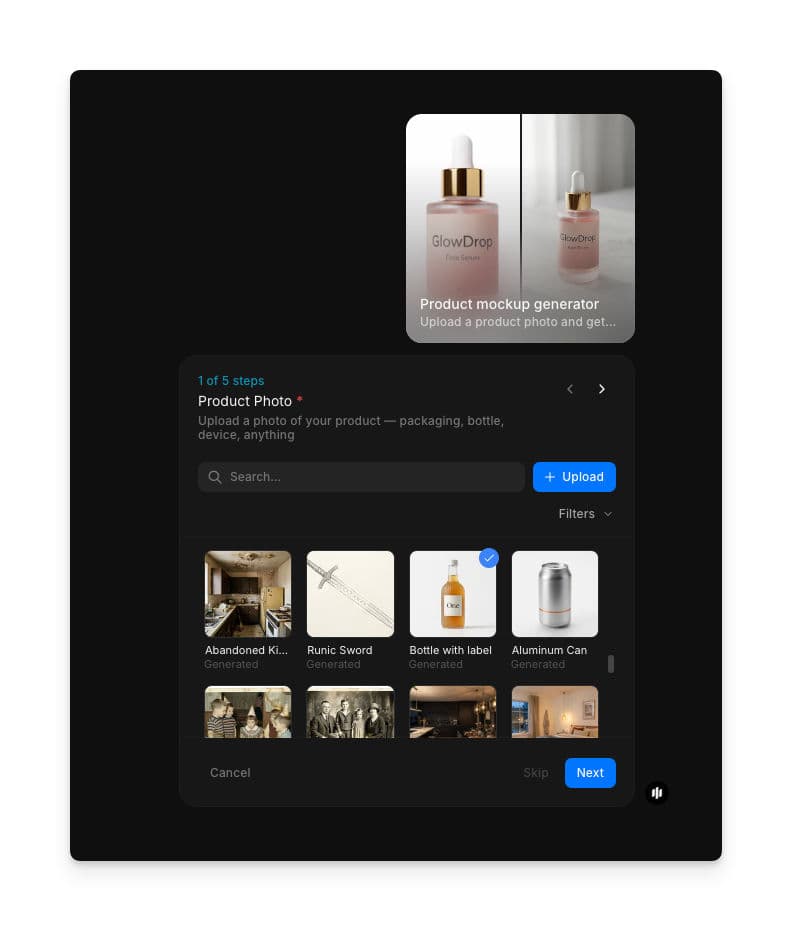 Product Photo field in the Morphic product mockup generator showing step 1 of 5