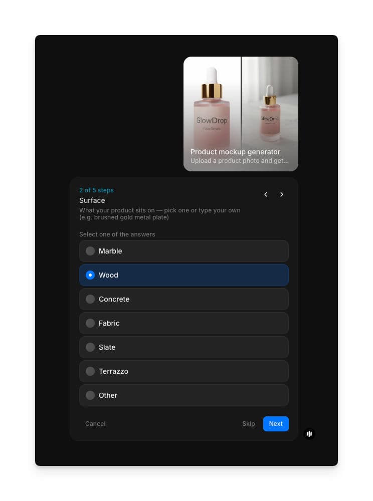 Surface selection screen showing marble, wood, concrete, fabric, slate, terrazzo, and Other options