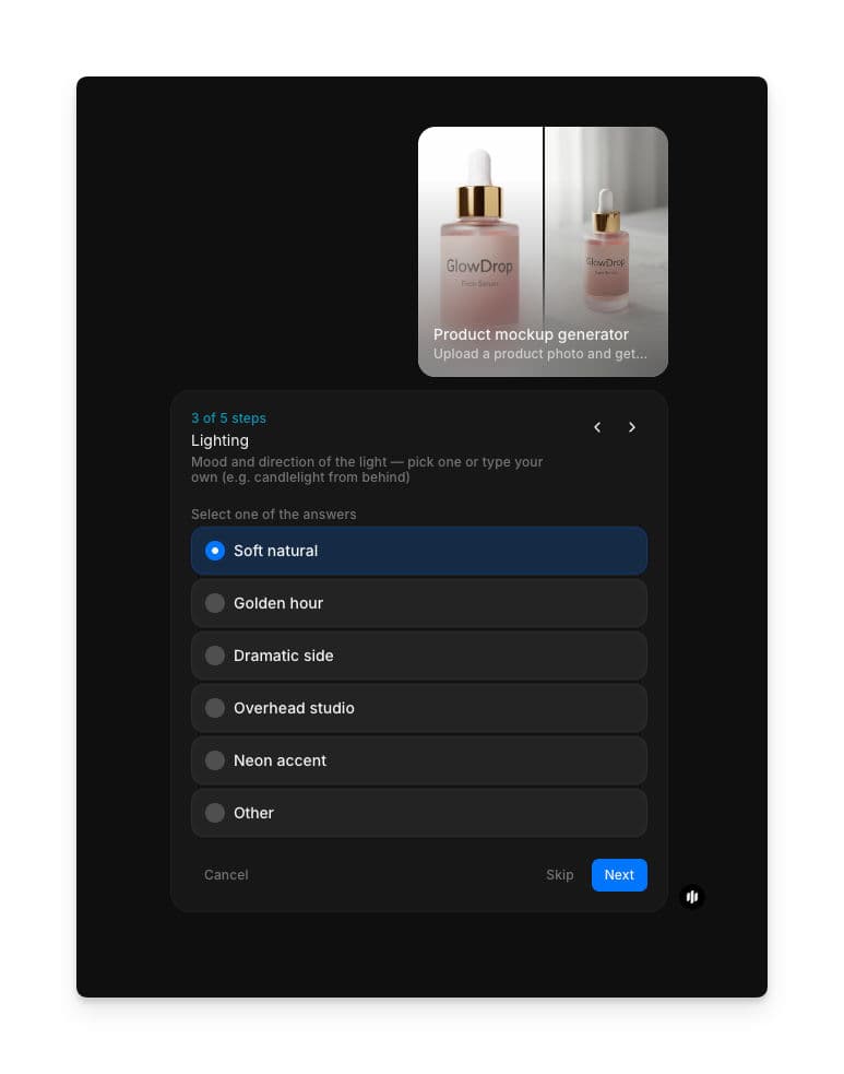 Lighting style selection screen with soft natural, golden hour, dramatic side, overhead studio, neon accent, and Other options