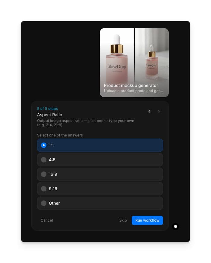 Aspect Ratio selection screen with 1:1, 4:5, 16:9, 9:16, and Other options