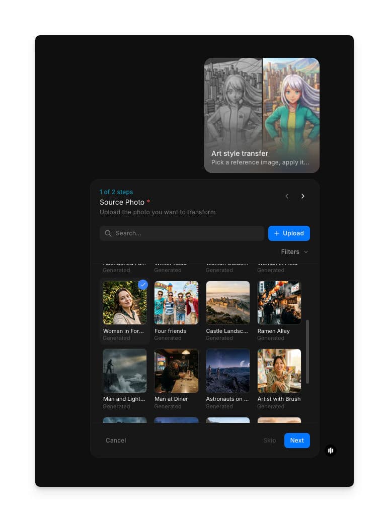 Art style transfer workflow step 1 showing the Source Photo field with a searchable gallery and an Upload button