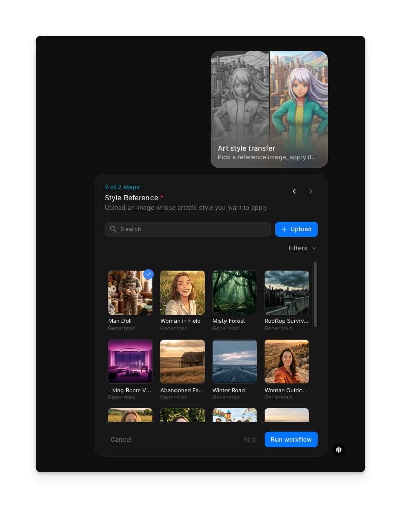 Style Reference step showing a searchable gallery with Upload and Run workflow buttons